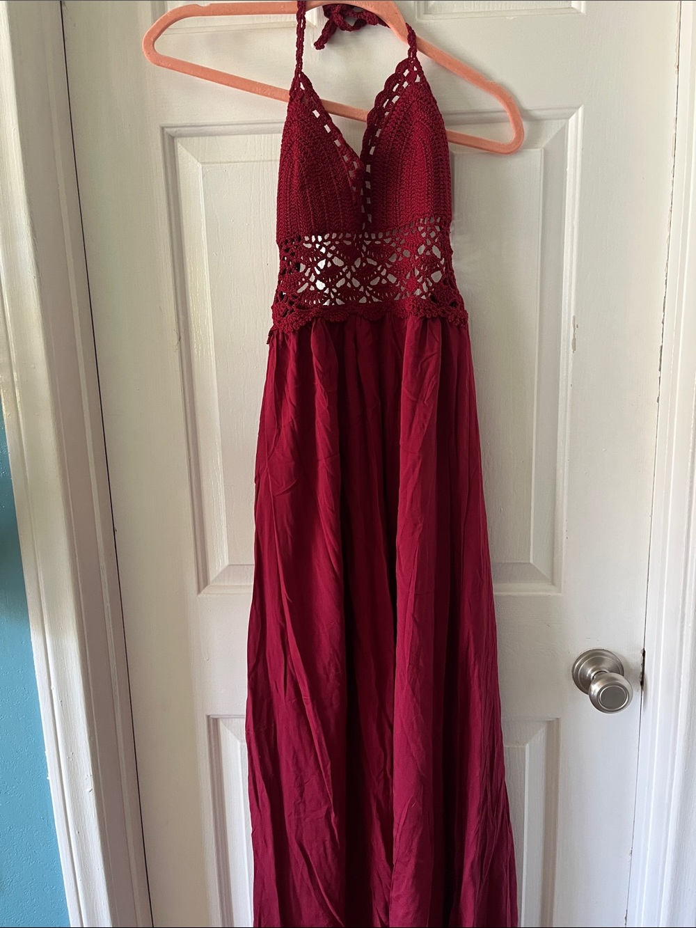 Handmade Crochet Halter Backless Maxi Dress in Burgundy